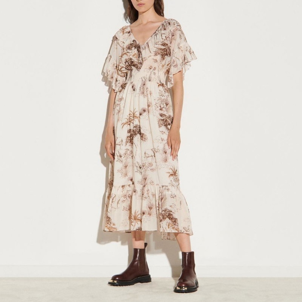 SANDRO Long Printed Dress With Ruffles